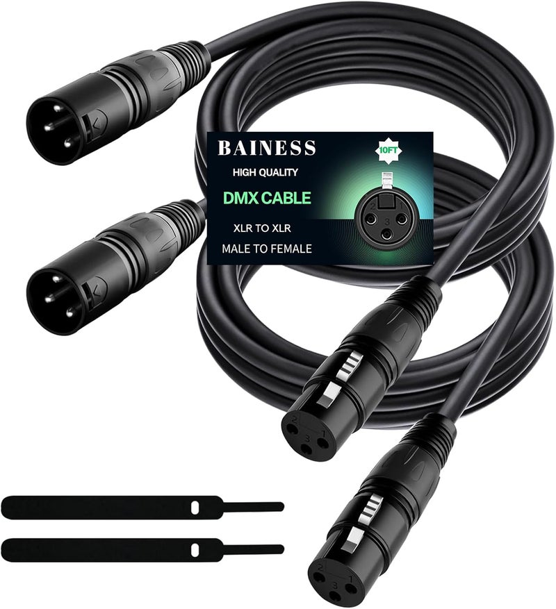 BAINESS 10ft Flexible DMX Cable 3 Pin Signal XLR Male to Female DMX Cables Wire for Stage Lighting, DJ Lights, Moving Head & Par LED Fixtures, Black, 2 Pack - Image 1